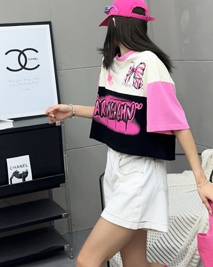 着回し力抜群 切り替え三色 韓国系 ゆったり半袖Tシャツ ＜F-8455＞