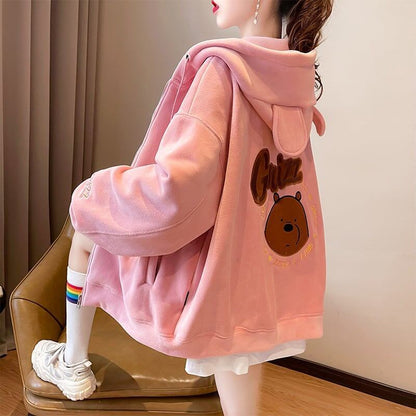 【裏起毛】可愛いクマちゃん厚手フルジップパーカー二色ありF-4677