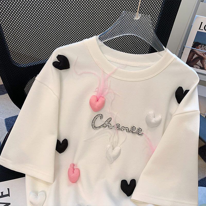 絶対欲しい ホットダイヤモンド キュート 三次元の愛 ゆったり 半袖Tシャツ＜F-8823＞