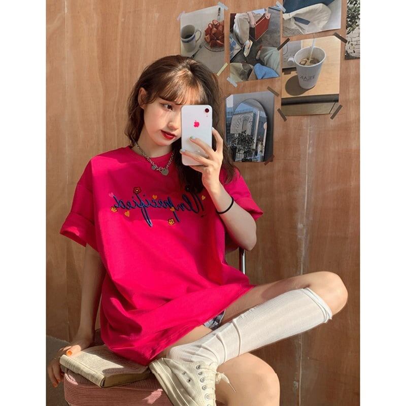 質感のいい アルファベット 刺?ロゴ Tシャツ ローズ ゆったり半袖＜F-2967＞