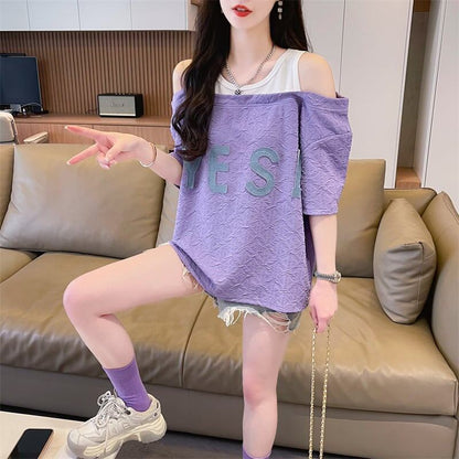 新商品 ゆったり カジュアル プリント オープンショルダー 2色 半袖Tシャツ＜F-8282＞