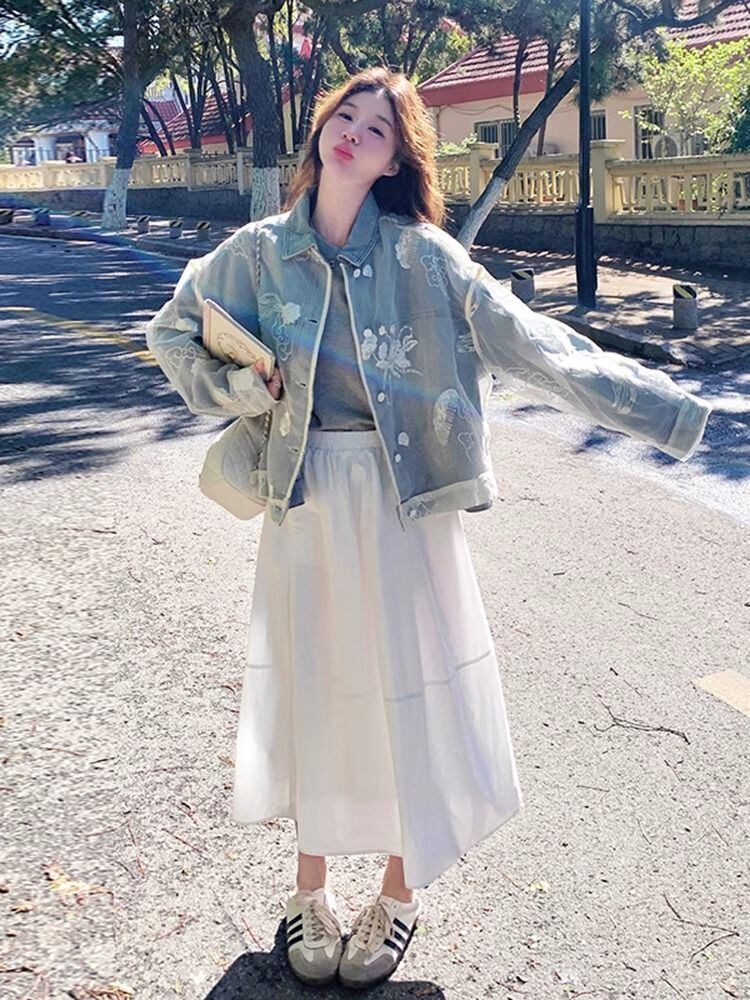 流行新作 ファッション感満々 目を奪われる レース 切り替え デニム ジャケット ＜F-9412＞