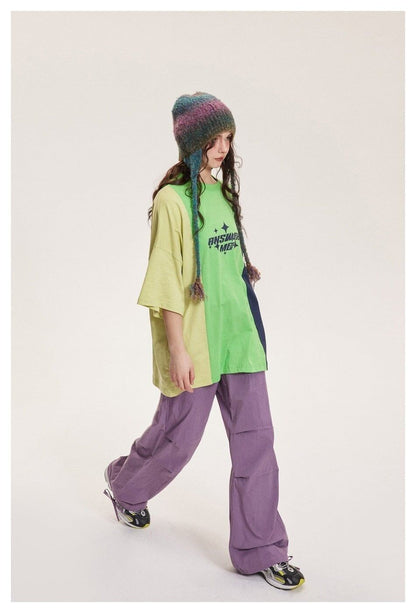 タイドブランドデザインセンス配色レトロプリントコットンTシャツ<F-2899>