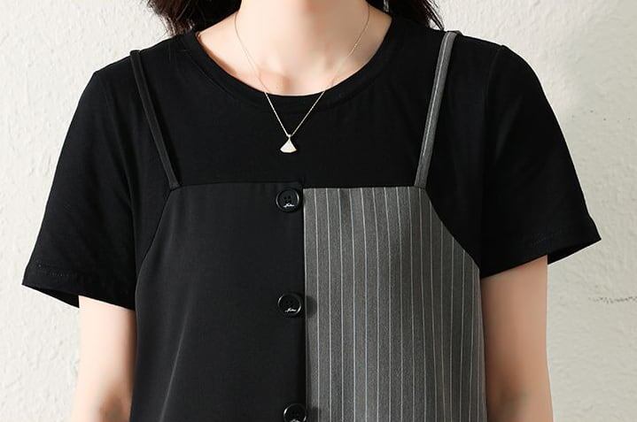 売り切れ必至 レイヤード風 ファッション 半袖ワンピースF-8309>