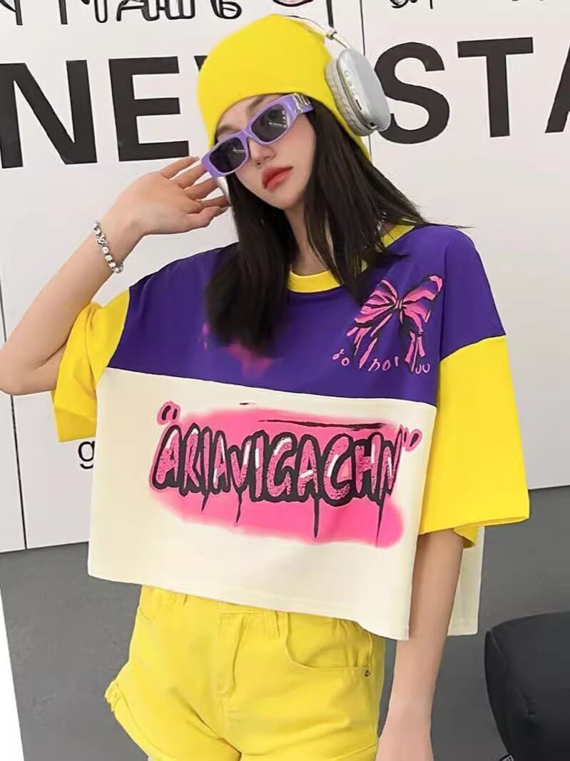 着回し力抜群 切り替え三色 韓国系 ゆったり半袖Tシャツ ＜F-8455＞