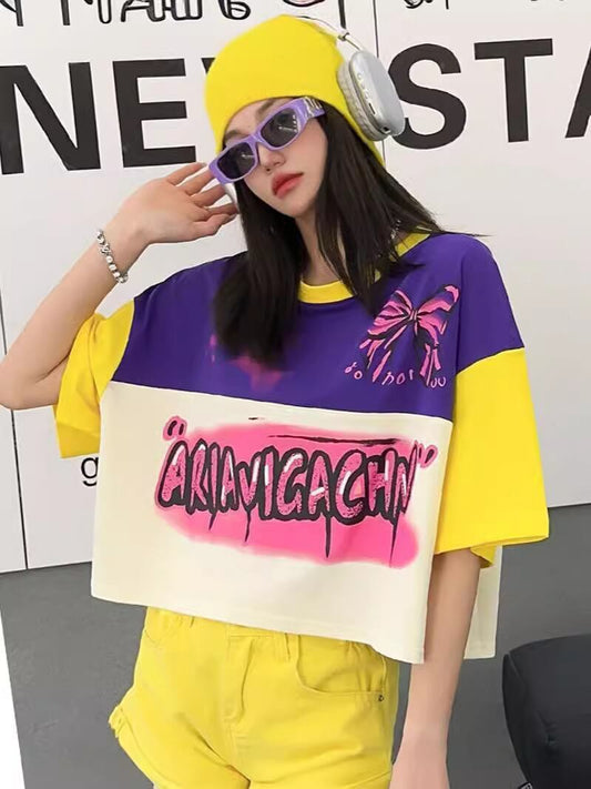 着回し力抜群 切り替え三色 韓国系 ゆったり半袖Tシャツ ＜F-8455＞