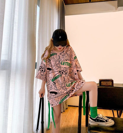 超人気 アバンギャルド 個性派 ラウンドネック プリント全2色 半袖Tシャツ<F-8720>