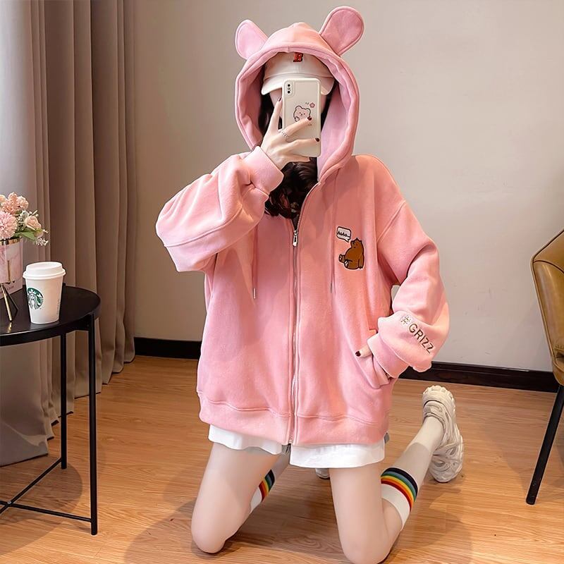 【裏起毛】可愛いクマちゃん厚手フルジップパーカー二色ありF-4677