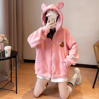 【裏起毛】可愛いクマちゃん厚手フルジップパーカー二色ありF-4677