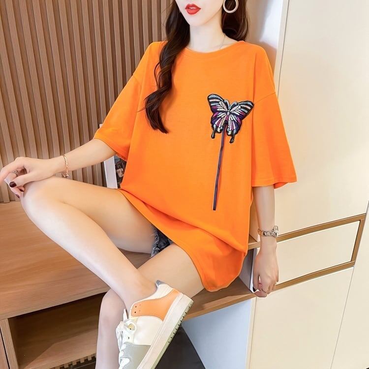 最新デザインセンス刺繍純綿ルーズ半袖Tシャツ<F-2949>