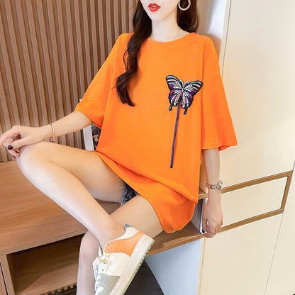 最新デザインセンス刺繍純綿ルーズ半袖Tシャツ<F-2949>