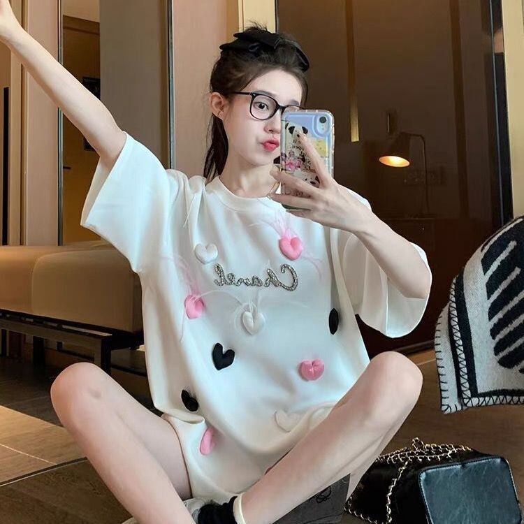 絶対欲しい ホットダイヤモンド キュート 三次元の愛 ゆったり 半袖Tシャツ＜F-8823＞
