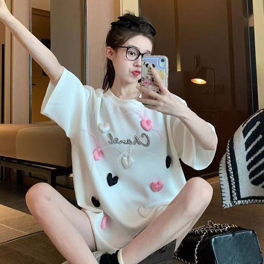 絶対欲しい ホットダイヤモンド キュート 三次元の愛 ゆったり 半袖Tシャツ＜F-8823＞