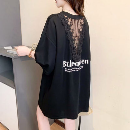 話題沸騰中 レース アバンギャルド 切り替え ホットダイヤモンド 3色選択 半袖Tシャツ＜F-8547＞