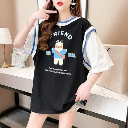 デザインセンス漫画フェイクツーピース半袖Tシャツ<F-3037>