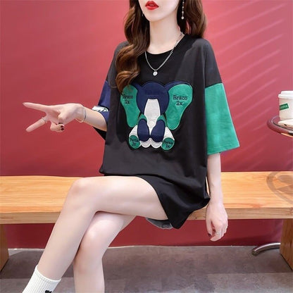気質漫画カラーマッチング偽ツーピース半袖Tシャツ<F-2997>