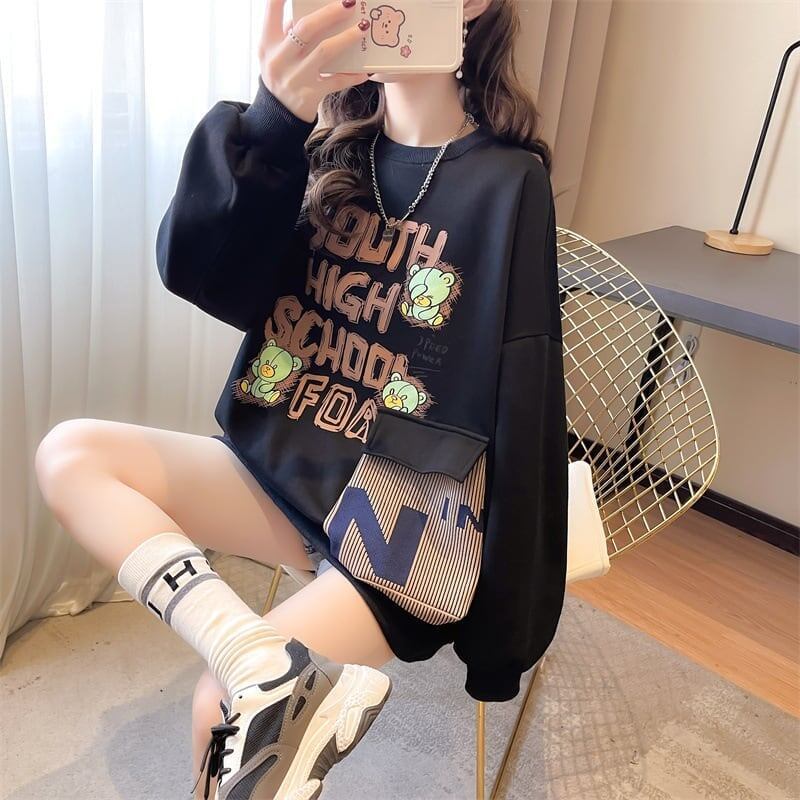 デザインされたビッグポケット漫画長袖Tシャツ<F-5118>