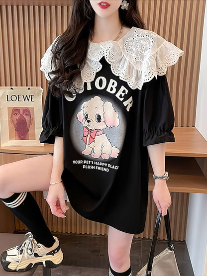 絶対流行 切り替え キュートプリント ゆったり 5分袖 Tシャツ＜F-8474＞