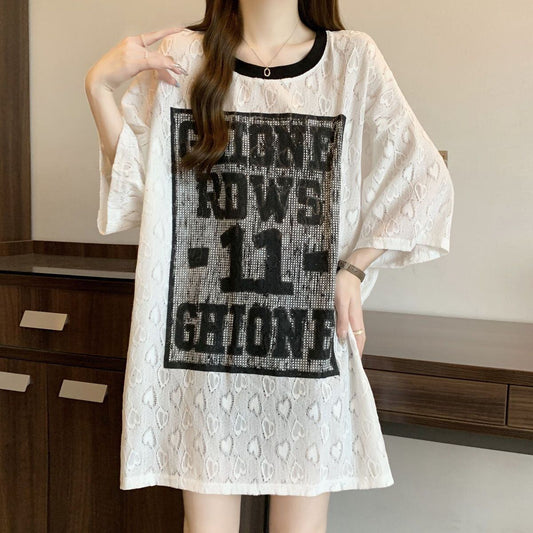 超人気 アバンギャルド 絶対流行 レース プリント全2色 半袖TシャツF-8798