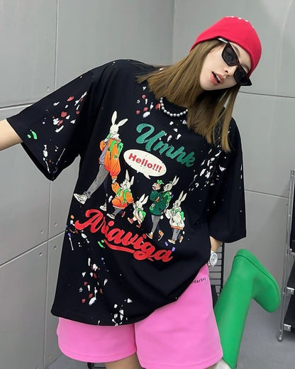 早い者勝ち   ファッション 落書き風 プリント半袖Tシャツ 全3色<F-4913>