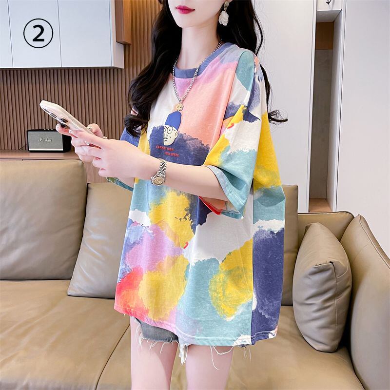 売り切れ必至 絞り染め ファッション プリント 2色選択 半袖Tシャツ＜F-8573＞
