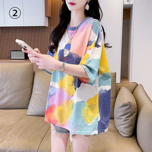 売り切れ必至 絞り染め ファッション プリント 2色選択 半袖Tシャツ＜F-8573＞