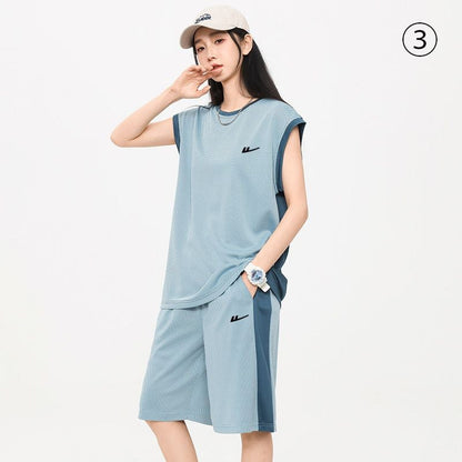 売り切れ必至 ファッション 超人気 男女兼用 ノースリーブＴシャツⅹパンツセット全5色<F-8754>