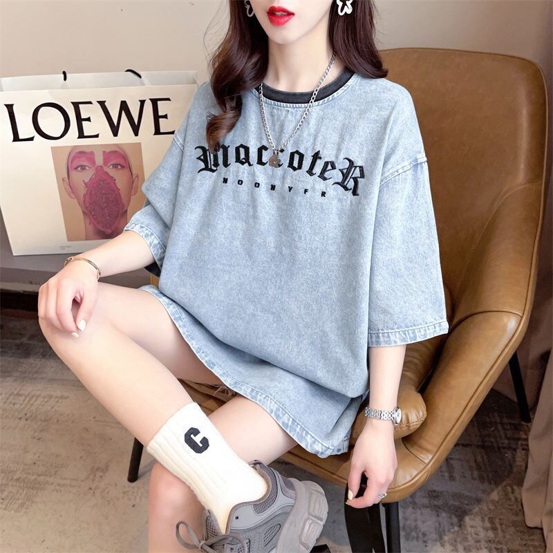 人気商品再入荷 アバンギャルド 着回し力抜群 ルーズ デニム 半袖TシャツF-8804