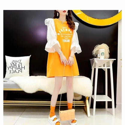 女子力アップ アルファベット パフスリーブ プリント ロングTシャツ ゆったりワンピース ＜F-3054＞