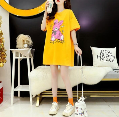 背中開きルーズオールマッチミドル丈ラウンドネック半袖Tシャツ<F-3027>