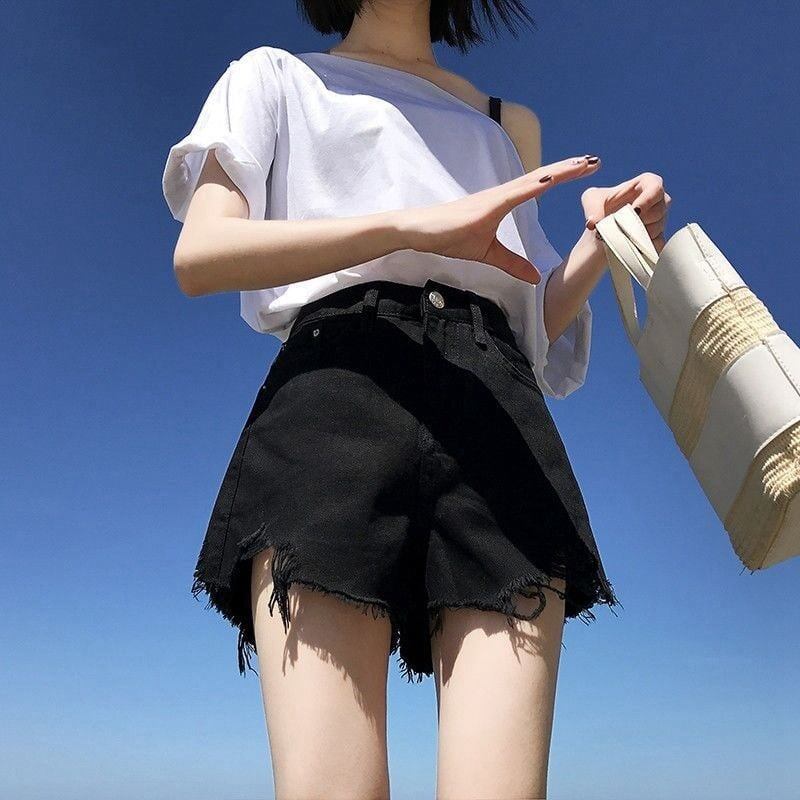 シンプルファッションルーズワイドレッグAライン薄いオールマッチリップドハイウエストデニムショートパンツF-3034
