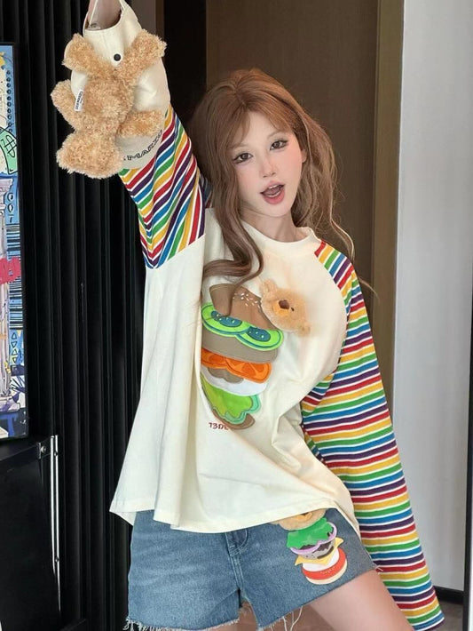 都市ファッショ デザイン オシャレ 大人可愛い 着心地良い プリント ストライプ柄 半袖TシャツF-9332