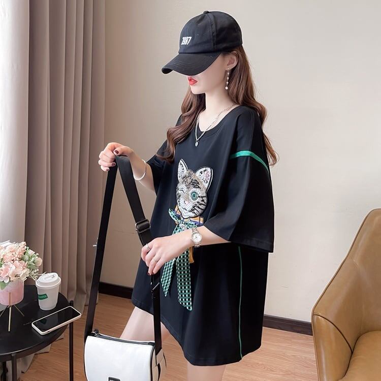 質感のいい 猫刺繍 立体のリボン ロング Tシャツ ゆったり半袖 ＜F-2919＞