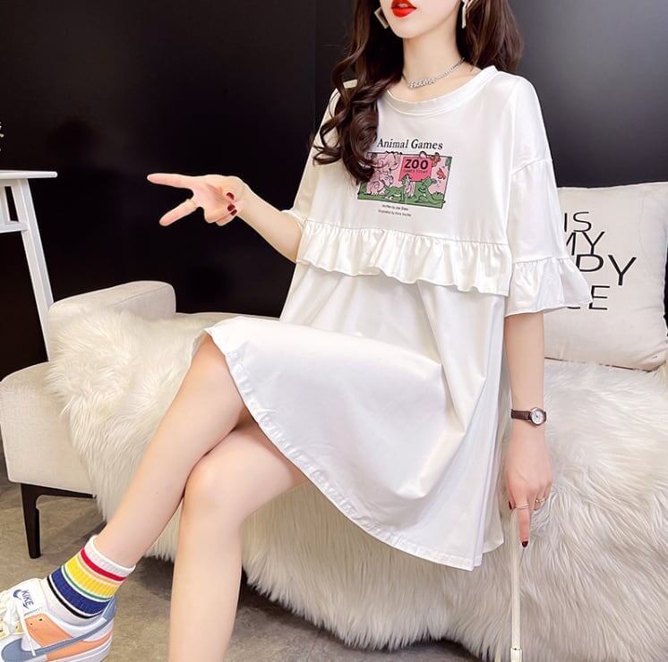 ミドル丈のイレギュラー半袖Tシャツワンピース<F-5007>