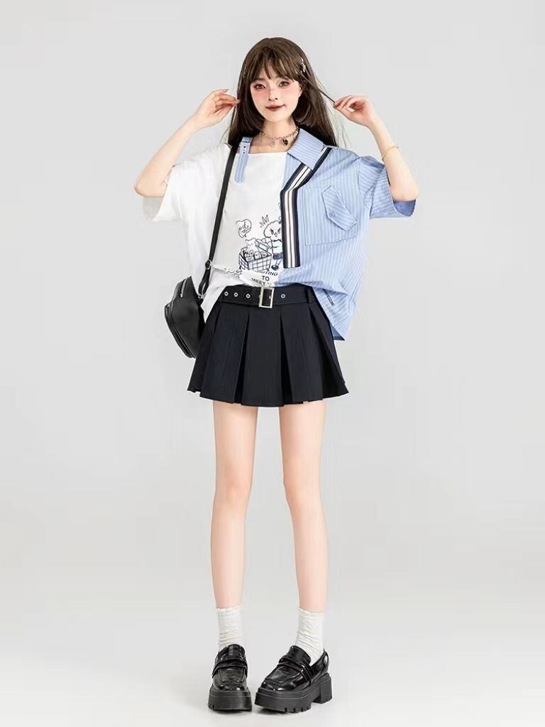 話題沸騰中 キュートストライプ柄 ファッション 切り替え 半袖Tシャツ＜F-8695＞