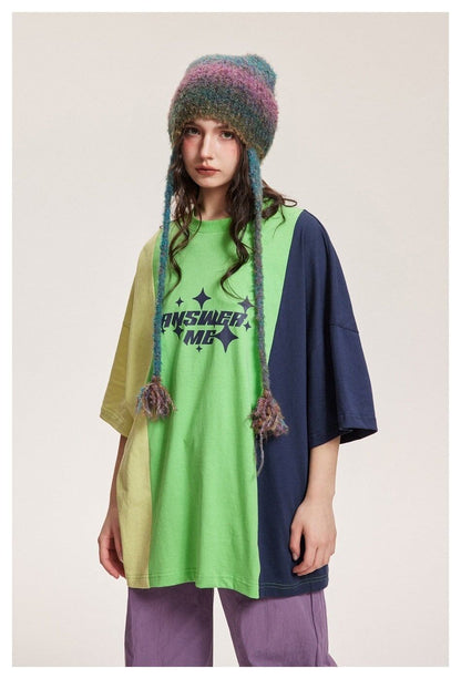 タイドブランドデザインセンス配色レトロプリントコットンTシャツ<F-2899>