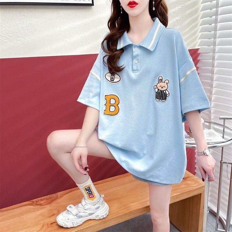 韓国系   POLOネック 四色 ゆったり半袖 ＜F-2869＞