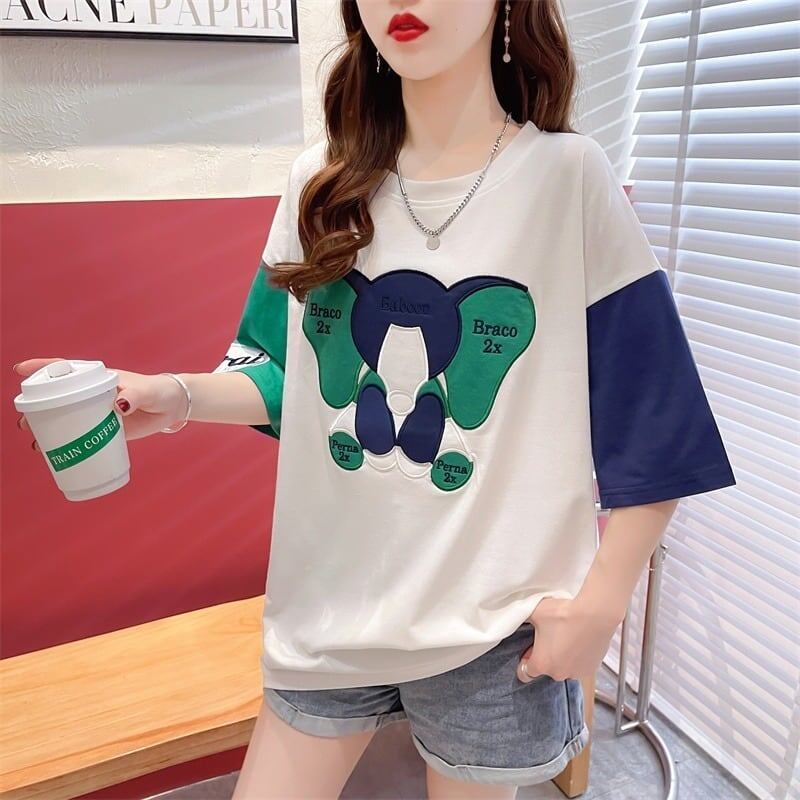 気質漫画カラーマッチング偽ツーピース半袖Tシャツ<F-2997>