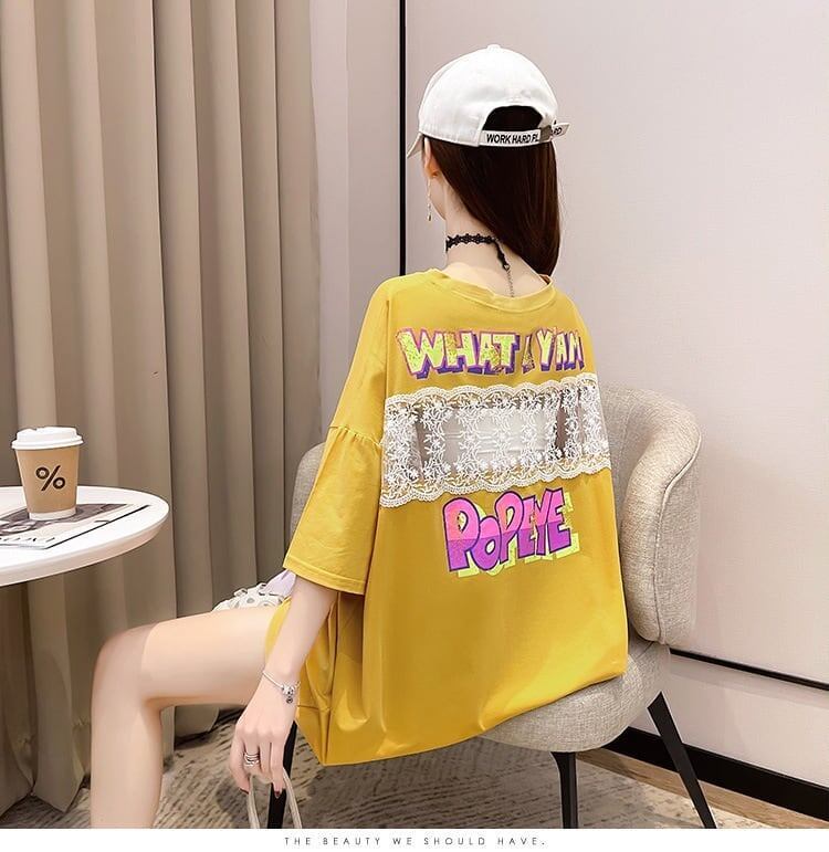 【半額！期間限定！！】グラフィック   透かし彫り Tシャツ ゆったりワンピース ＜F-4021＞