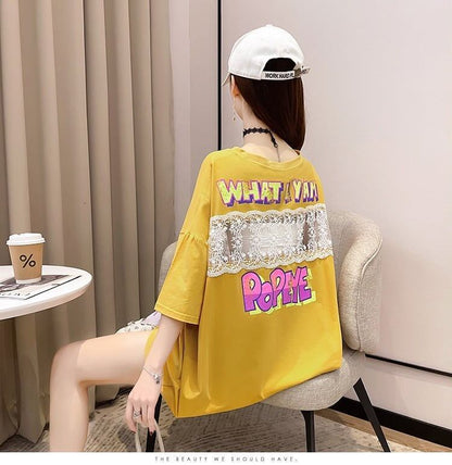 【半額！期間限定！！】グラフィック   透かし彫り Tシャツ ゆったりワンピース ＜F-4021＞