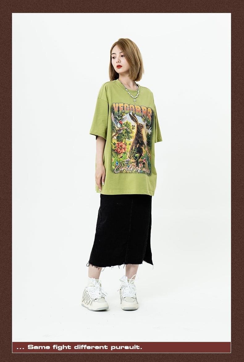 アメリカンレトロ絵画ウサギ半袖Tシャツカップル男女同スタイル<F-2910>