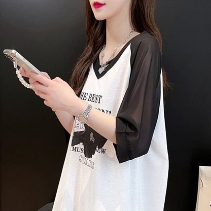 好感度満載 切り替え 美感いっぱい プリント Tシャツ カットソー＜F-3479＞