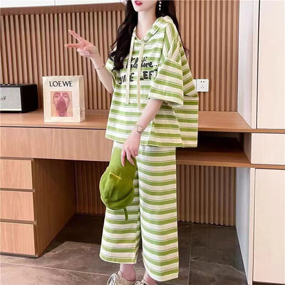 着回し力抜群 ストライプ柄 絶対流行 2色 半袖Ｔシャツⅹパンツセット <F-8717>