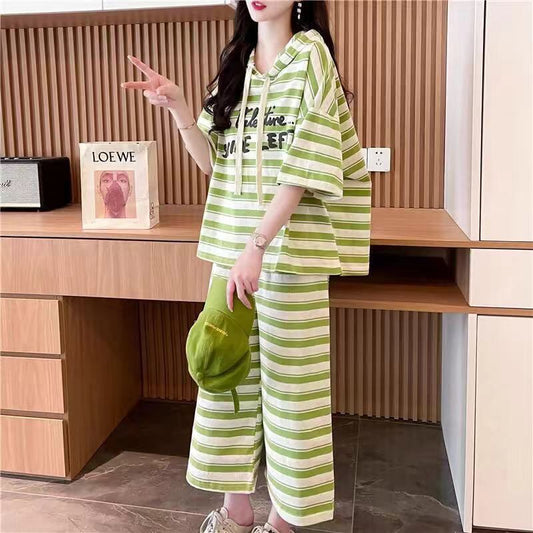 着回し力抜群 ストライプ柄 絶対流行 2色 半袖Ｔシャツⅹパンツセット <F-8717>