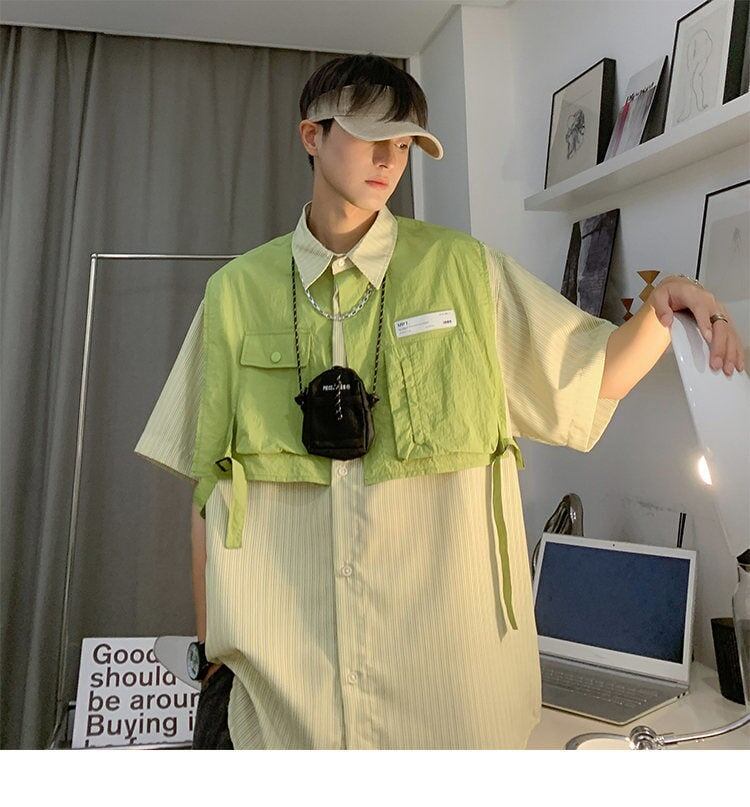 期間限定 ファッション 個性派 レイヤード風 切り替え プリント全3色 男女兼用 半袖TシャツF-9044