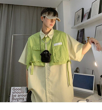 期間限定 ファッション 個性派 レイヤード風 切り替え プリント全3色 男女兼用 半袖TシャツF-9044