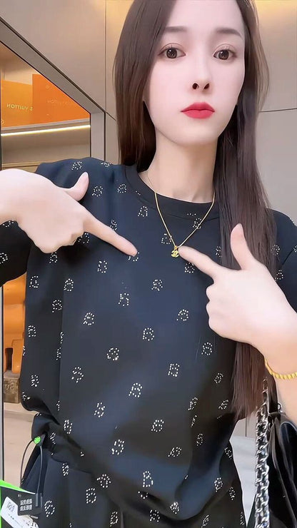 絶対欲しい アバンギャルド ファッション ホットダイヤモンド 2色 半袖 Tシャツ ショートパンツ セットアップF-8842