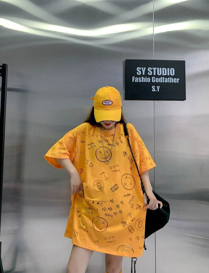 売り切れ必至 ゆったり ファッション感満々 ロング丈 3色半袖Tシャツ＜F-9086＞