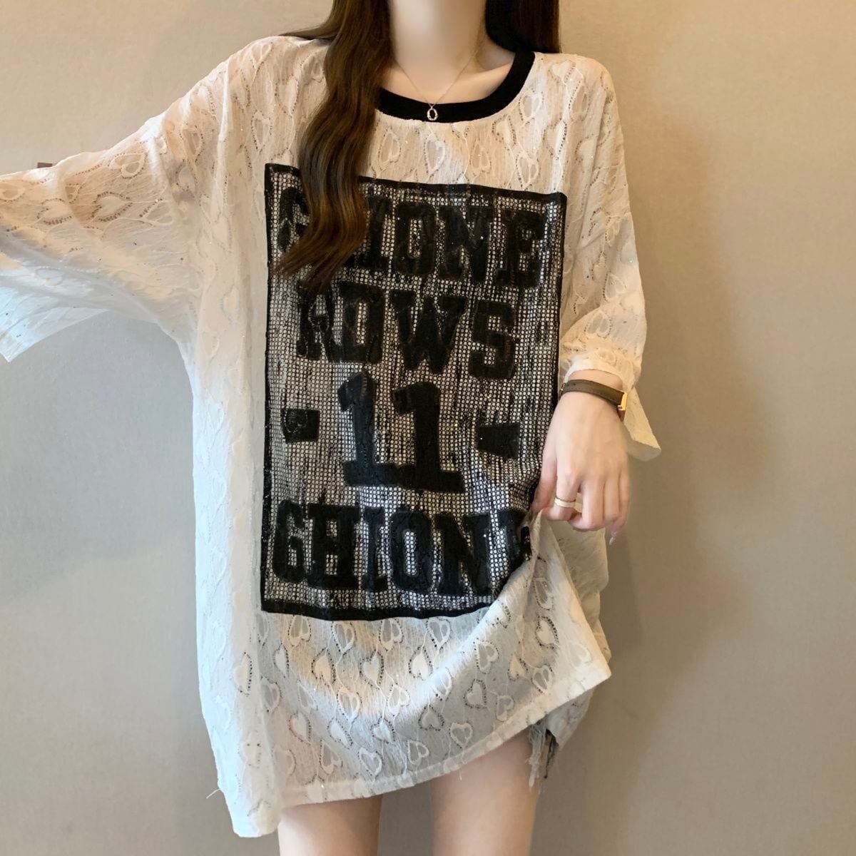 超人気 アバンギャルド 絶対流行 レース プリント全2色 半袖TシャツF-8798