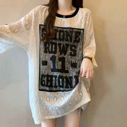 超人気 アバンギャルド 絶対流行 レース プリント全2色 半袖TシャツF-8798